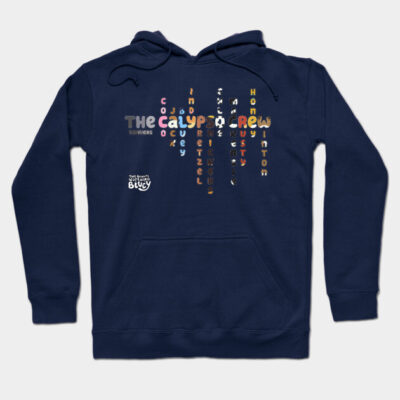 Navy blue hoodie with colorful text design, featuring a cozy fit and front pocket. Ideal for casual wear.