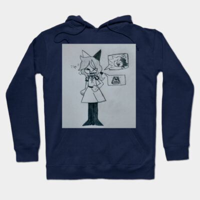 Navy blue hoodie with hand-drawn anime character design, cotton material, casual wear for everyday style.