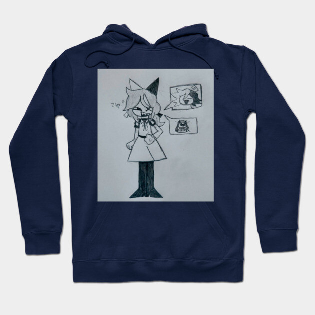 Navy blue hoodie with hand-drawn anime character design, cotton material, casual wear for everyday style.