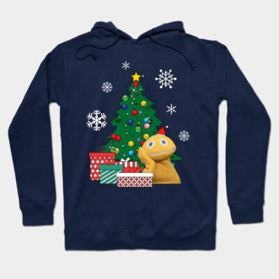 Navy blue Christmas hoodie with tree and gift print, festive winter wear, unisex cotton blend, casual holiday style.
