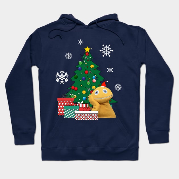 Navy blue Christmas hoodie with tree and gift print, festive winter wear, unisex cotton blend, casual holiday style.