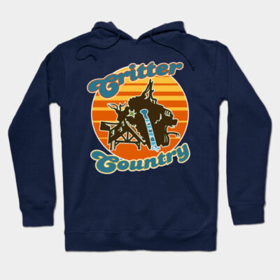 Navy blue "Critter Country" hoodie with retro design and sunset graphic, perfect for casual wear.