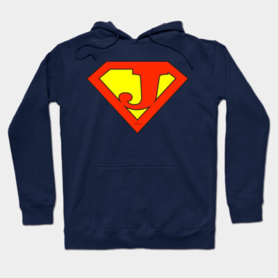 Navy blue hoodie with red and yellow superhero logo, casual wear, cotton blend. Perfect for comfortable everyday style.