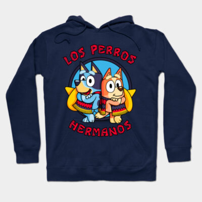 Navy blue hoodie with cartoon dog design and "Los Perros Hermanos" text, perfect for casual wear.