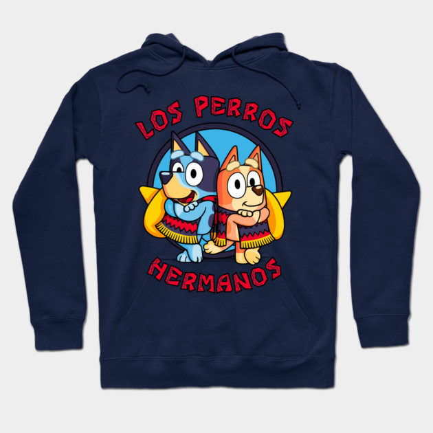 Navy blue hoodie with cartoon dog design and "Los Perros Hermanos" text, perfect for casual wear.