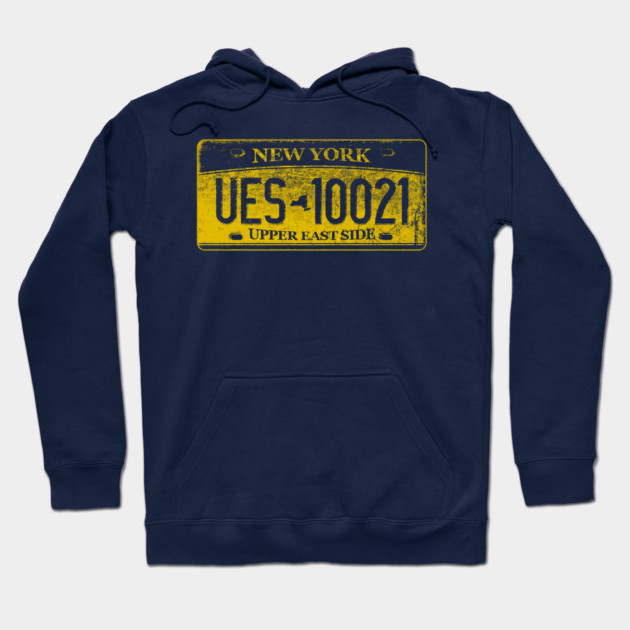 Navy blue hoodie with New York license plate design, yellow text "UES-10021 Upper East Side," casual wear, cotton blend.