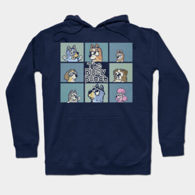 Navy blue hoodie featuring "The Bluey Bunch" cartoon design, casual style, soft cotton material, perfect for everyday wear.