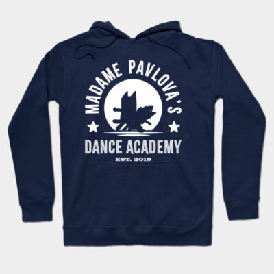 Navy blue hoodie with "Madame Pavlova's Dance Academy" logo, casual style, warm material, perfect for everyday wear.