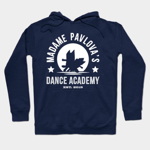 Navy blue hoodie with "Madame Pavlova's Dance Academy" logo, casual style, warm material, perfect for everyday wear.