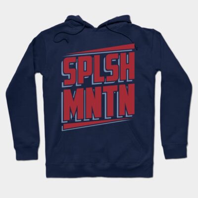 Navy blue hoodie with bold red "SPLSH MNTN" graphic design, casual style, comfortable cotton material.