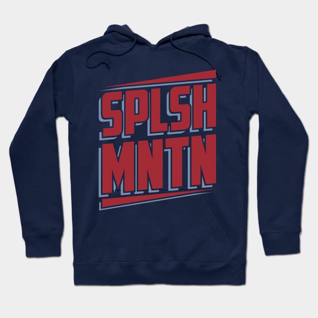 Navy blue hoodie with bold red "SPLSH MNTN" graphic design, casual style, comfortable cotton material.