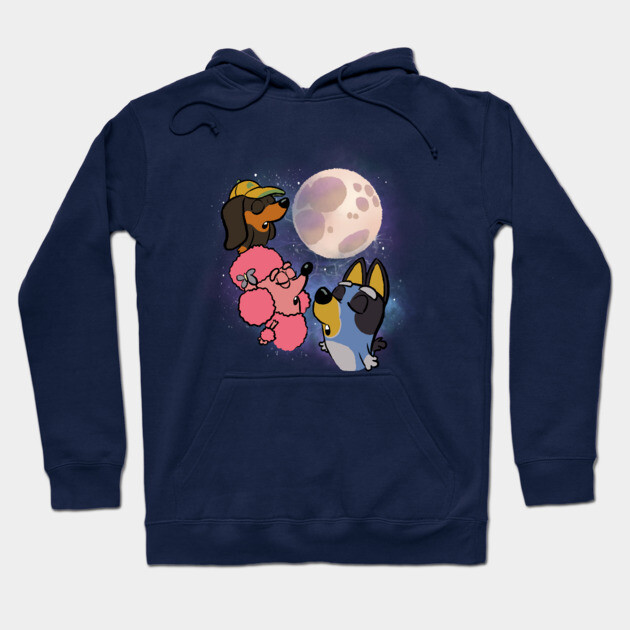 Navy blue hoodie featuring cartoon dogs howling at moon design, perfect for casual wear, cotton material.