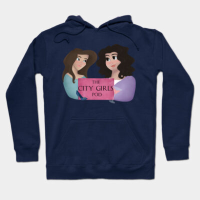 Navy blue hoodie with animated design, featuring "The City Girls Pod" text, casual style, comfortable cotton fabric.