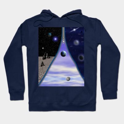 Navy blue hoodie with cosmic-themed graphic print, featuring a zipper revealing planets and stars, cotton material.