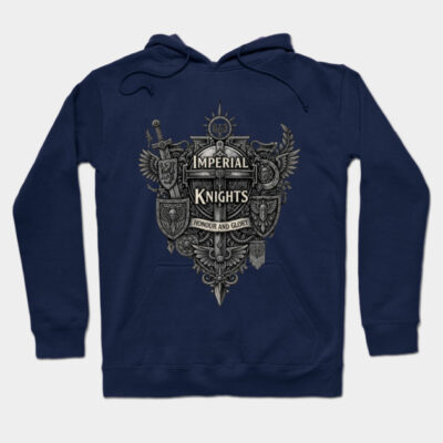 Navy blue "Imperial Knights" hoodie with medieval crest design, cotton blend, perfect for casual wear and comfort.