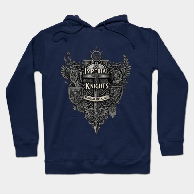 Navy blue "Imperial Knights" hoodie with medieval crest design, cotton blend, perfect for casual wear and comfort.