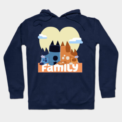 Navy blue hoodie with cute cartoon animal family graphic, heart background, and "Family" text; cozy and stylish.