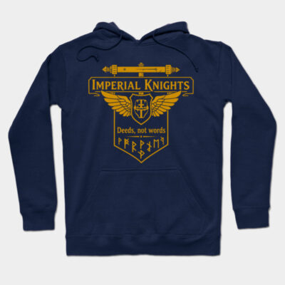 Navy blue hoodie with gold "Imperial Knights" design, featuring wings and sword, ideal for casual wear and warmth.