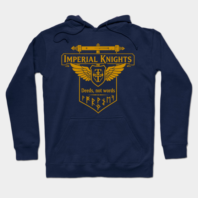 Navy blue hoodie with gold "Imperial Knights" design, featuring wings and sword, ideal for casual wear and warmth.