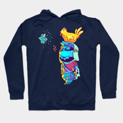 Navy blue hoodie with colorful robot and chicken print, casual style, cotton blend, ideal for everyday wear.