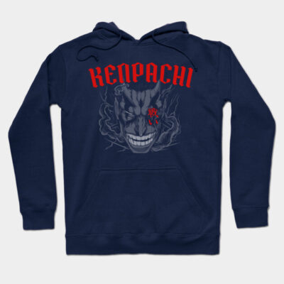 Navy blue hoodie with bold graphic design and text, featuring comfortable fit and soft material for casual wear.