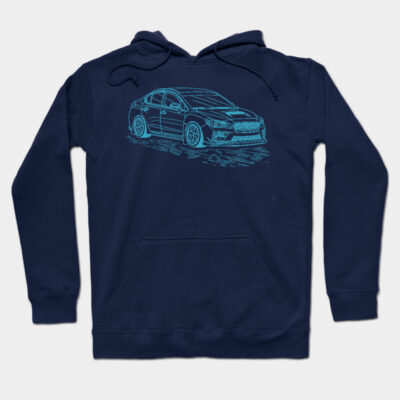 Navy blue hoodie with sporty car design, fleece material, casual wear, ideal for cool weather.