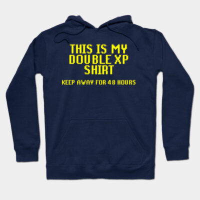 Navy blue hoodie with yellow "This is My Double XP Shirt" text, casual gaming style, cotton blend material.