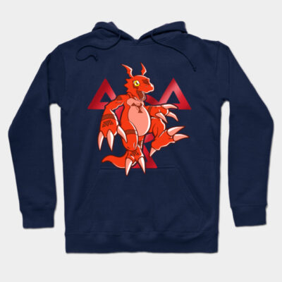 Navy hoodie with red cartoon dragon graphic, featuring adjustable drawstrings and front pocket. Perfect for casual wear.