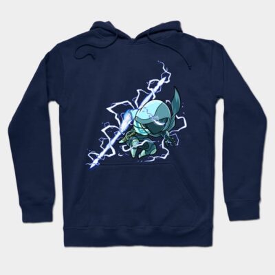 Navy blue hoodie with cartoon lightning graphic, cotton material, casual wear, unisex style, front pocket.