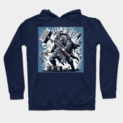 Navy blue hoodie with Viking warrior graphic, medieval fantasy design, cotton blend, casual wear.
