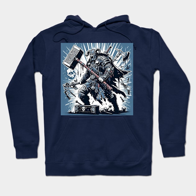 Navy blue hoodie with Viking warrior graphic, medieval fantasy design, cotton blend, casual wear.