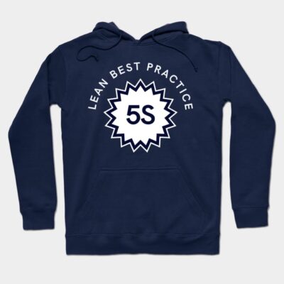 Navy blue hoodie with "Lean Best Practice 5S" design, cozy cotton material, ideal for casual wear.