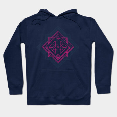 Navy blue hoodie with geometric pink design, cotton blend, casual style, ideal for everyday wear and layering.