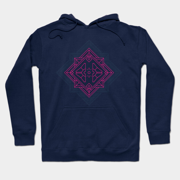 Navy blue hoodie with geometric pink design, cotton blend, casual style, ideal for everyday wear and layering.
