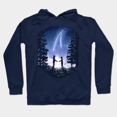 Navy hoodie with cosmic forest print, featuring silhouettes and shooting stars, perfect for casual wear. Cotton material.