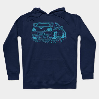 Navy blue hoodie with car sketch design, casual style, cotton blend, perfect for everyday wear and comfort.