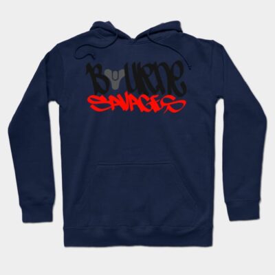 Navy hoodie with bold graphic design, featuring black and red lettering. Comfortable streetwear style for casual use.