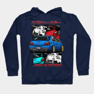 Navy blue hoodie with JDM racing car graphic, featuring vibrant colors and Japanese text for automotive enthusiasts.