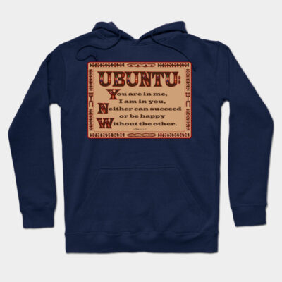 Navy blue hoodie with "Ubuntu" text design, featuring motivational quote in a classic style, ideal for casual wear.