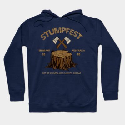 Navy blue hoodie with "Stumpfest" graphic, featuring crossed axes and tree stump design. Casual wear, unisex, cotton blend.