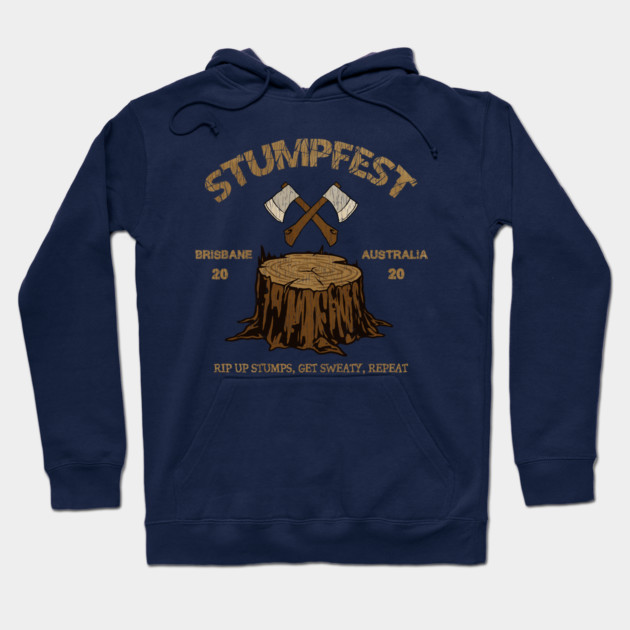 Navy blue hoodie with "Stumpfest" graphic, featuring crossed axes and tree stump design. Casual wear, unisex, cotton blend.