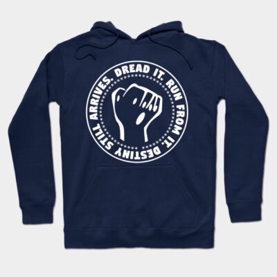 Navy blue hoodie with bold white graphic and motivational text, ideal for casual wear, cozy cotton material.