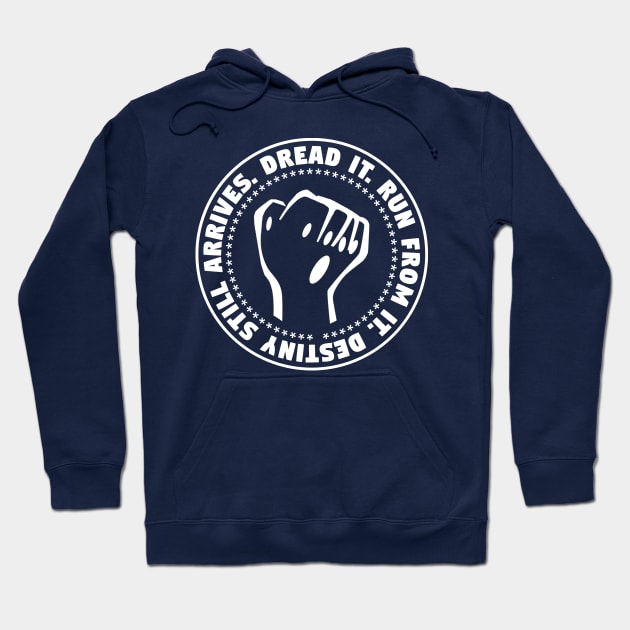 Navy blue hoodie with bold white graphic and motivational text, ideal for casual wear, cozy cotton material.