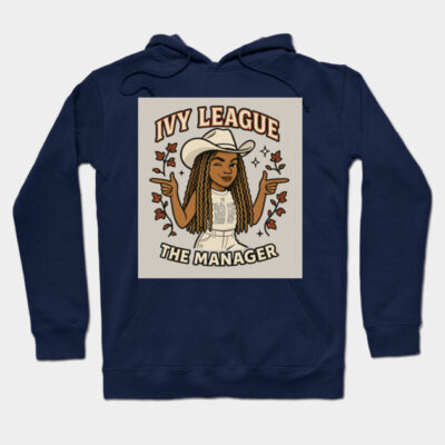 Navy blue hoodie with "Ivy League The Manager" graphic, casual style, ideal for everyday wear, cotton blend material.
