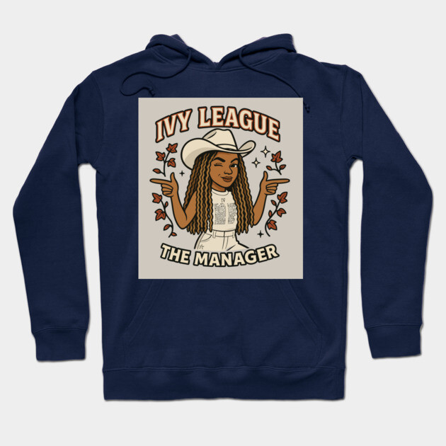 Navy blue hoodie with "Ivy League The Manager" graphic, casual style, ideal for everyday wear, cotton blend material.