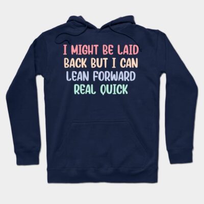 Navy blue hoodie with colorful text design, casual style, soft fabric, perfect for everyday wear.