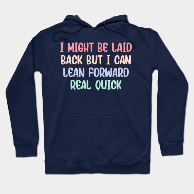 Navy blue hoodie with colorful text design, casual style, soft fabric, perfect for everyday wear.