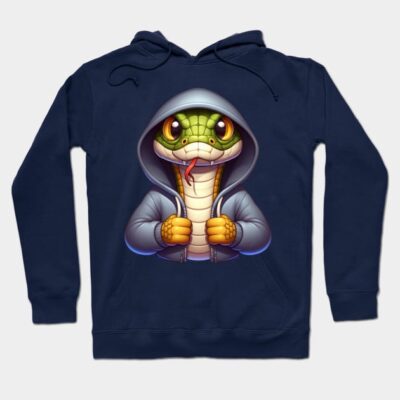 Navy hoodie with cartoon snake design, unisex style, ideal for casual wear, soft cotton blend material.
