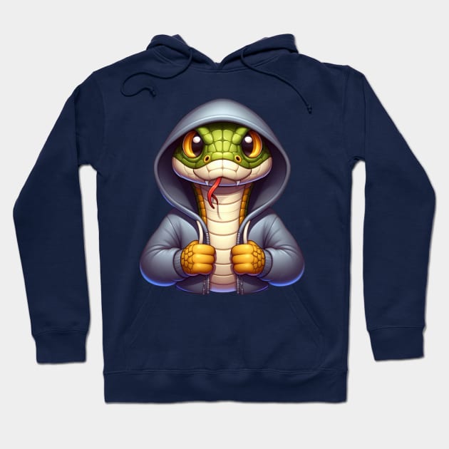 Navy hoodie with cartoon snake design, unisex style, ideal for casual wear, soft cotton blend material.
