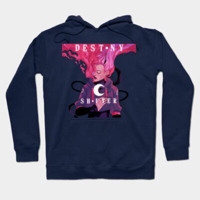 Navy blue hoodie with vibrant graphic design, featuring "Destiny Shifter" text, ideal for casual wear.